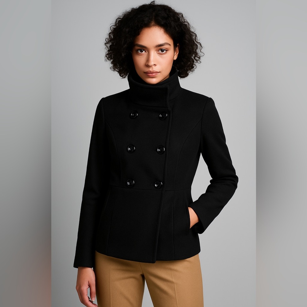 Forever 21 Women’s Black Double-Breasted Pea Coat Size Large DRY-CLEANED 9/23/25